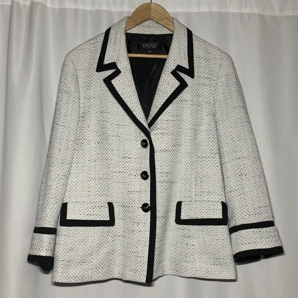 Kasper Tweed Contrast Black White 3 Button Women's Blazer Jacket Plus Size 18 - Picture 2 of 16